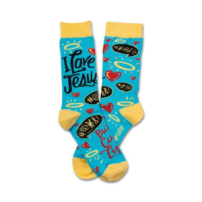 Crew socks in teal with yellow cuffs.  The design features the phrase 'I Love Jesus' along with hearts, halos, and speech bubbles with playful hashtags. }}