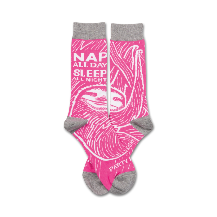 pink and gray novelty socks with a white sloth and the words 