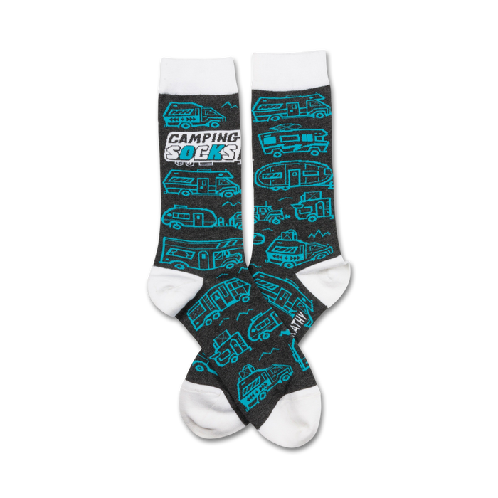 gray crew socks with white toe, heel, and top feature a pattern of blue and black campers (vans, trailers, rvs)   }}