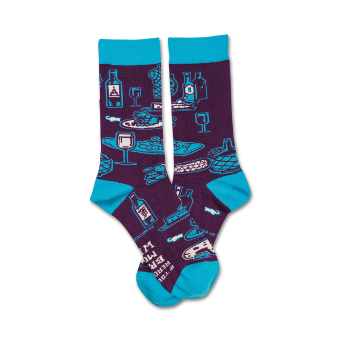 Crew socks in teal and purple featuring a fun design of wine bottles, glasses, cheese, and grapes.