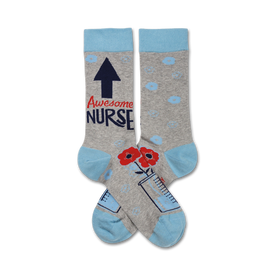 gray women's crew socks with red, blue details. theme is inspirational, with awesome & nurse words.  