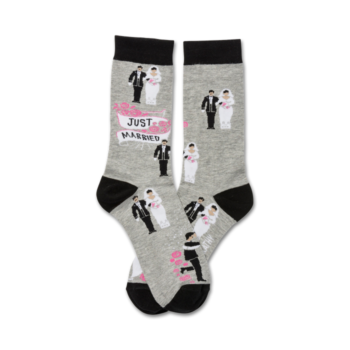 gray and black crew socks for women with cartoon newlyweds and 'just married' text.   }}