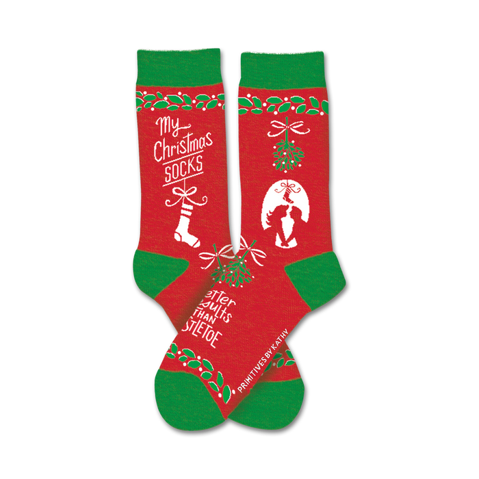 red and green crew socks with my christmas socks text on the side and holly leaf pattern around the top and toe.    }}