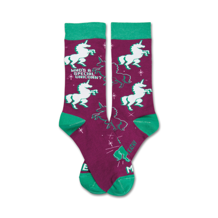Pair of crew socks in purple and teal. The socks feature white unicorns, stars, and the text 'Who's a special unicorn?' }}