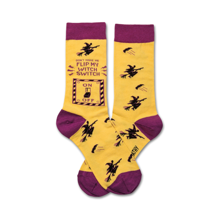 Crew socks in yellow and purple. One sock features a graphic of a light switch with 'Don't make me flip my witch switch' text and flying witch illustrations. }}