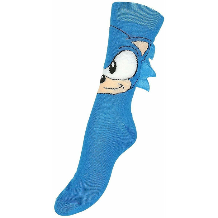 Side view of a blue Sonic the Hedgehog crew sock.