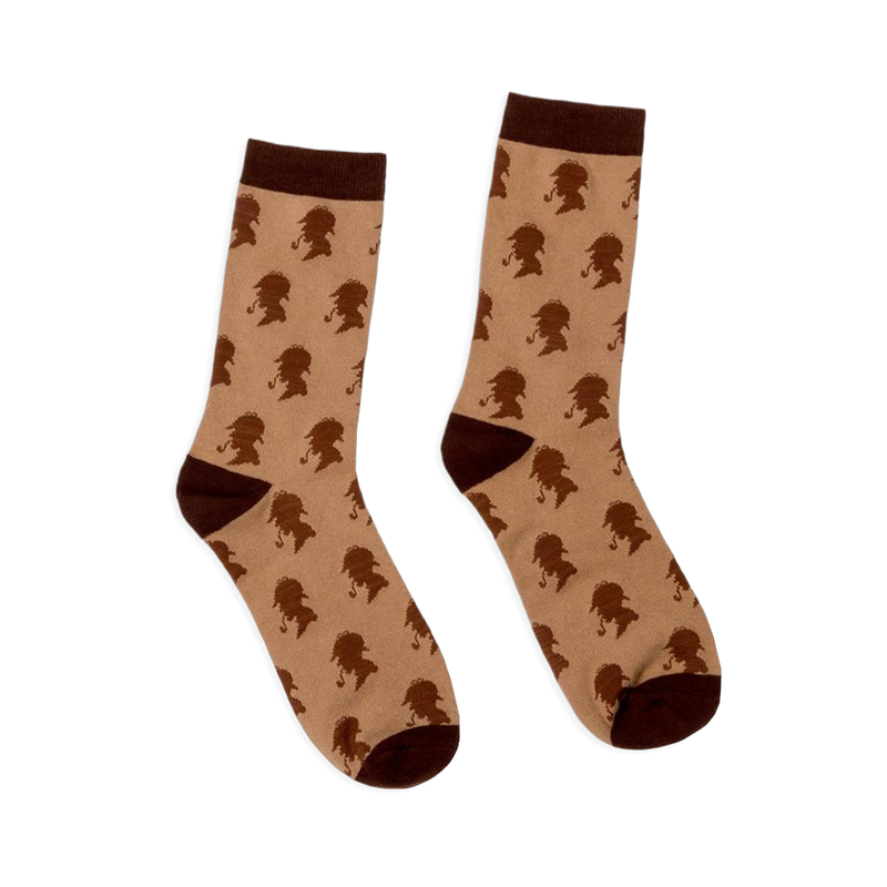 Tan crew socks featuring a repeating pattern of dark brown Sherlock Holmes silhouettes wearing deerstalker hats with pipes.