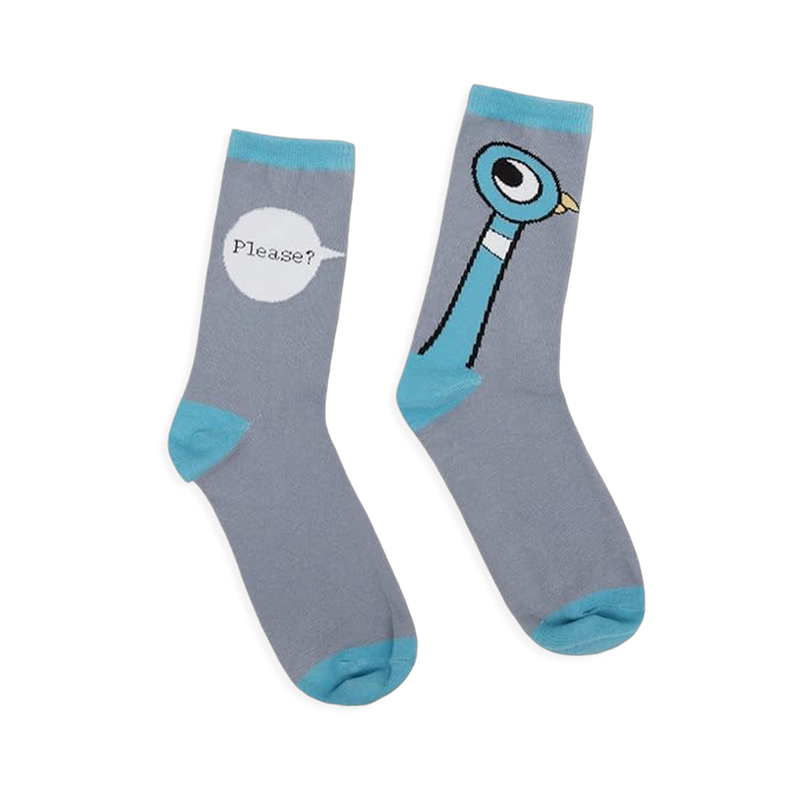 Mismatched gray socks with blue cuffs, heels, toes, and accents. One shows the Pigeon, the other has a Please? speech bubble