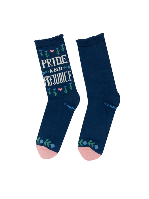 Product photo showcasing a pair of 'Pride and Prejudice' socks on a white background.
