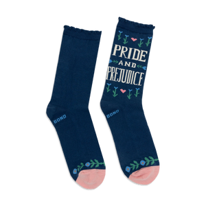 Pair of navy blue crew socks with a pink cuff, featuring a 'Pride and Prejudice' design with small floral accents.