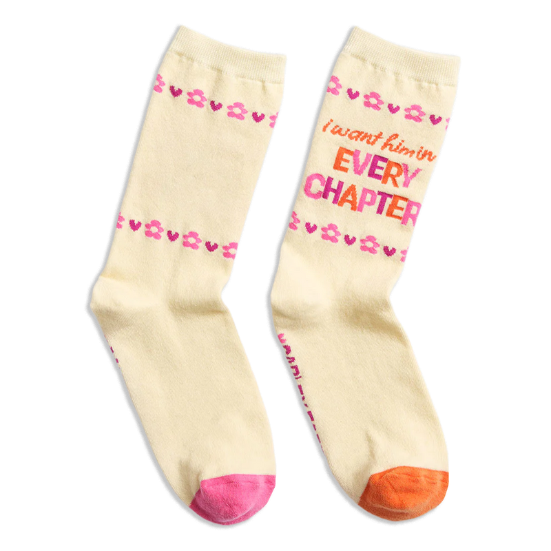 Beige with pink and orange accents. Pink flowers and hearts around the phrase 'I want him in every chapter'