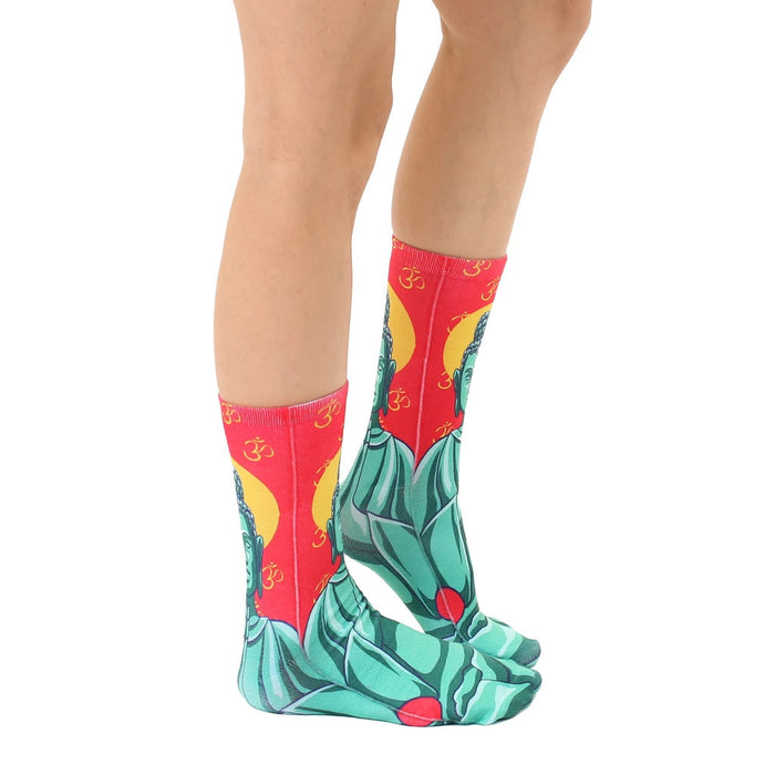 Side view of Buddha socks on a person's legs, showcasing the sock's design and fit.