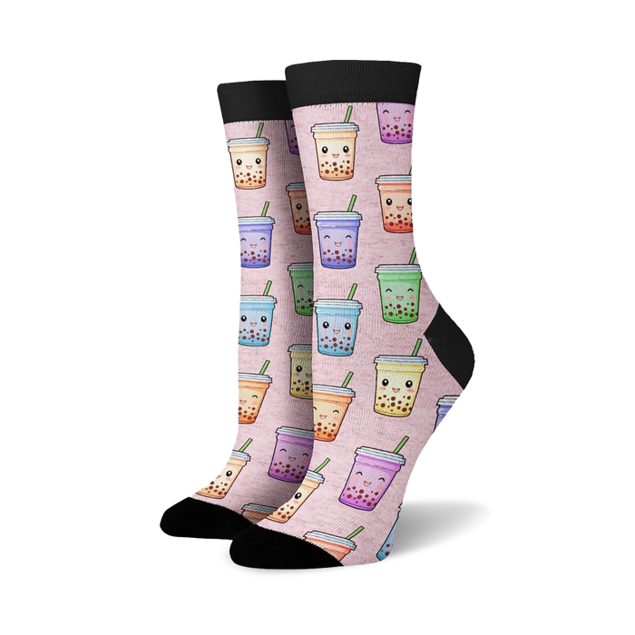 Crew socks with a pink background featuring a repeating pattern of cute cartoon boba tea cups in various pastel colors. }}