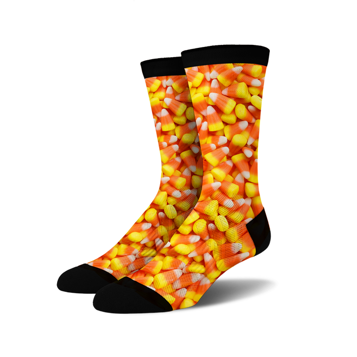 candy corn crew socks: sweeten your style with realistic candy corn pattern, crew length, perfect for fall fashion and candy lovers.   }}