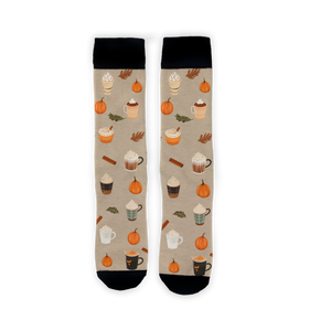 Flat lay of two Pumpkin Spice Latte socks against a neutral background.