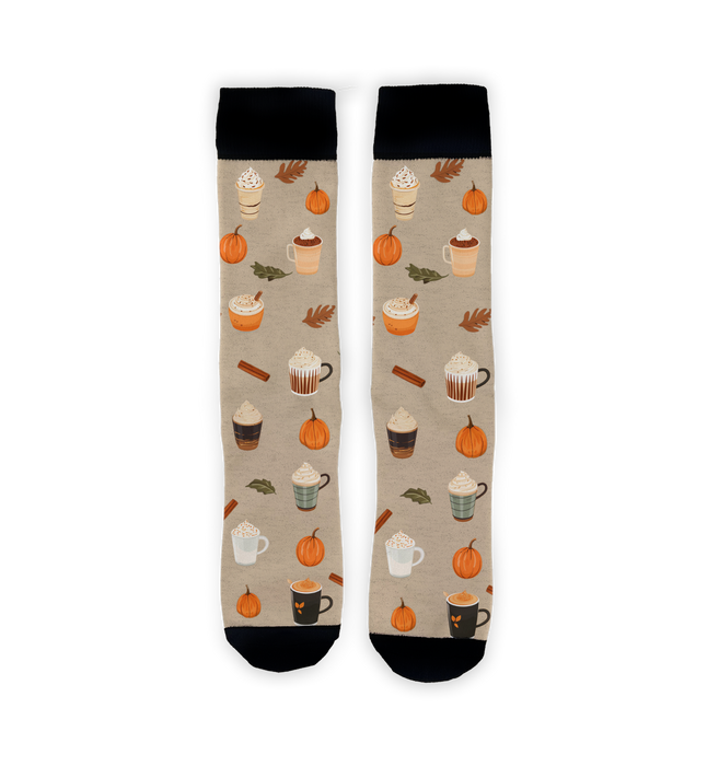Flat lay of two Pumpkin Spice Latte socks against a neutral background.