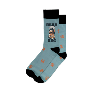Close-up of the Bear Keg socks showing the bear, keg, and paw print details.