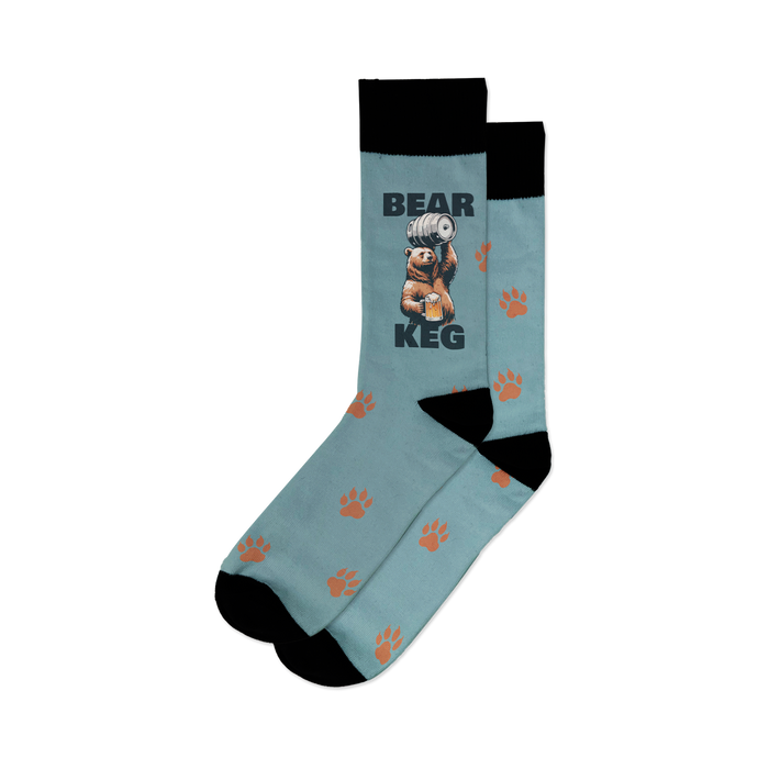 Close-up of the Bear Keg socks showing the bear, keg, and paw print details.
