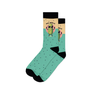 A pair of teal crew socks with a cool pickle wearing sunglasses. The socks have black polka dots and the phrase 'Just Dill With It'.