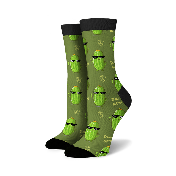 Lifestyle shot of Dill With It socks on a model's feet, showing the socks from an angle.