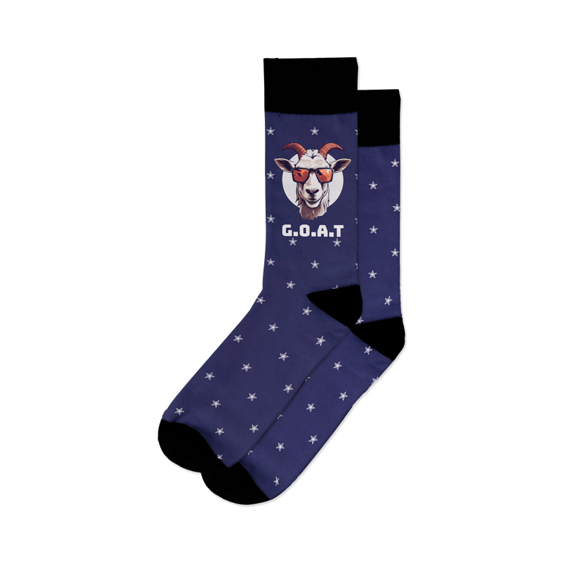 Pair of navy blue crew socks featuring a white star pattern and a graphic of a goat wearing sunglasses. Text reads 'G.O.A.T.'