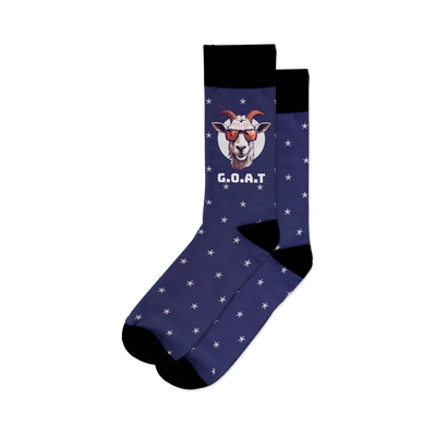 Pair of navy blue crew socks featuring a white star pattern and a graphic of a goat wearing sunglasses. Text reads 'G.O.A.T.'