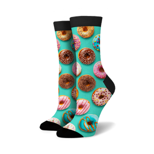 A pair of donut socks shown from the front, showcasing the full donut print.