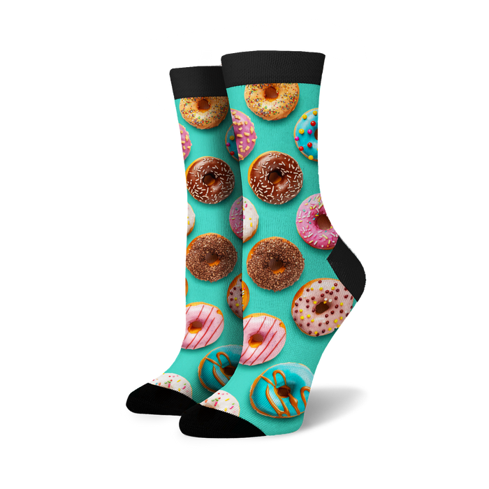 A pair of donut socks shown from the front, showcasing the full donut print.