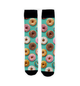 Close-up shot of the donut socks, highlighting the vibrant colors and details of the donut design.