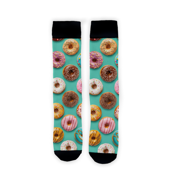 Close-up shot of the donut socks, highlighting the vibrant colors and details of the donut design.