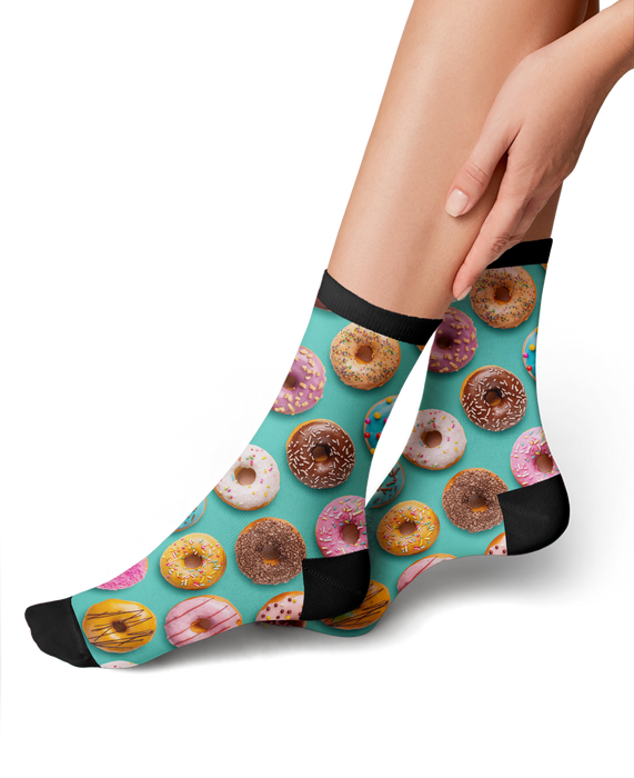 Lifestyle shot of a woman's legs wearing the donut socks, showing how they look when worn.