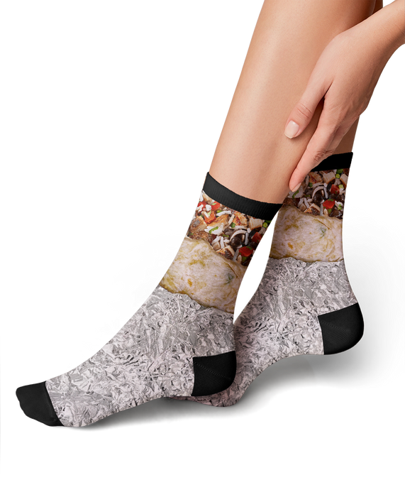 Lifestyle shot showing the burrito socks on a person's feet.