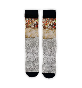 Flatlay image of a pair of burrito socks on a black background.