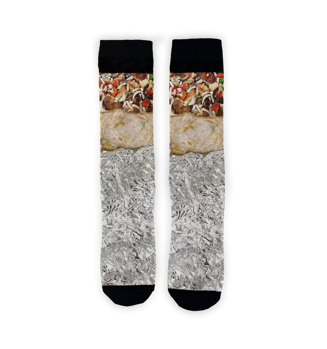 Flatlay image of a pair of burrito socks on a black background.
