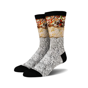 Pair of crew socks with a burrito design. The socks are mainly white, gray, and black, showing a detailed burrito image wrapped in foil.