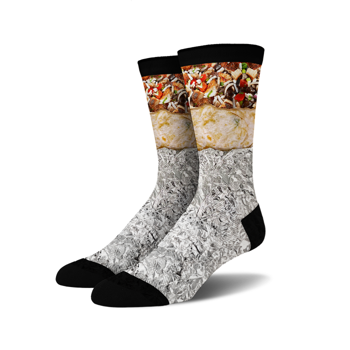 Pair of crew socks with a burrito design. The socks are mainly white, gray, and black, showing a detailed burrito image wrapped in foil.