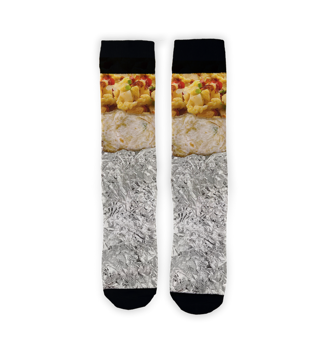 Flat lay showcasing the Breakfast Burrito 360 socks against a black background.
