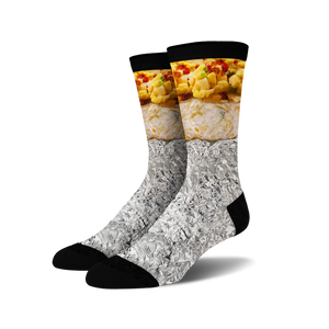 Pair of crew socks with a breakfast burrito design. The socks are primarily white, gray (foil), and feature yellows and browns of the burrito filling.