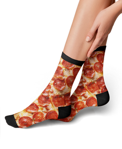 Flat lay product shot showing both pepperoni pizza socks together.