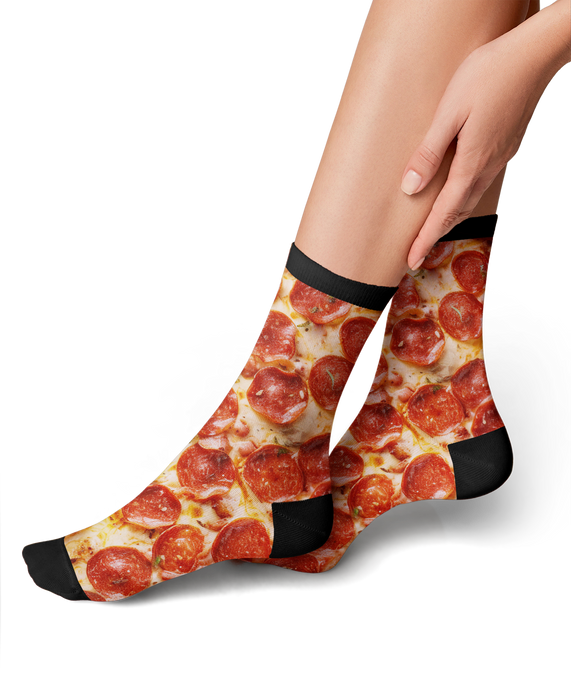 Flat lay product shot showing both pepperoni pizza socks together.