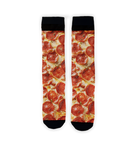 Close-up detail shot highlighting the realistic pepperoni pizza print on the socks.