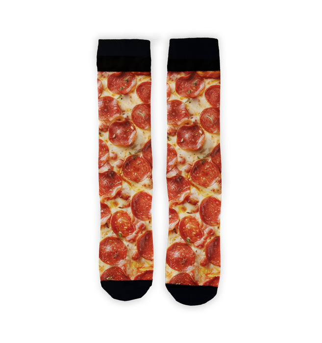 Close-up detail shot highlighting the realistic pepperoni pizza print on the socks.