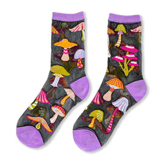 Sheer black mesh socks with bright pink, orange, green and purple mushrooms, plus solid lavender cuffs and toes.
