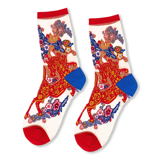 Sheer mesh crew socks featuring a red and gold horse design with colorful flowers. Solid red cuffs and toes with blue heels.