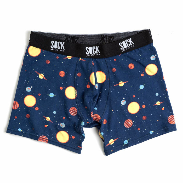 Navy blue men's boxer briefs with a whimsical all-over print of planets and stars in yellow, orange, and red. }}