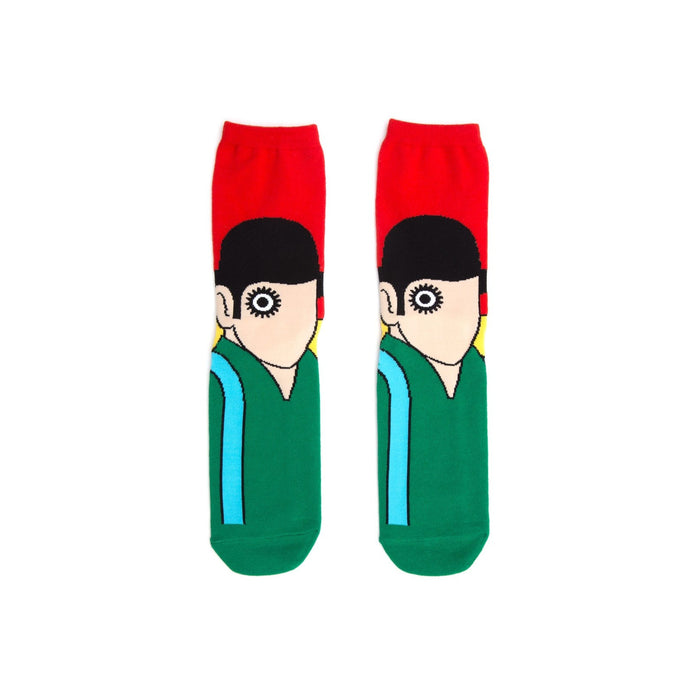 Pair of crew socks, red and green, with a stylized graphic of Alex DeLarge from A Clockwork Orange. }}