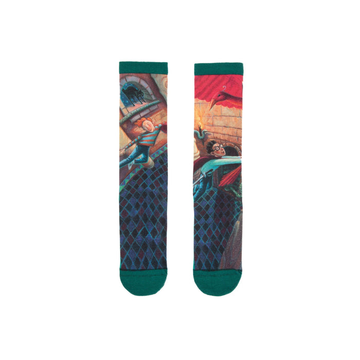 Crew socks with a green cuff, showcasing colorful illustrations from Harry Potter and the Chamber of Secrets, including Harry, Ron, and a phoenix. }}