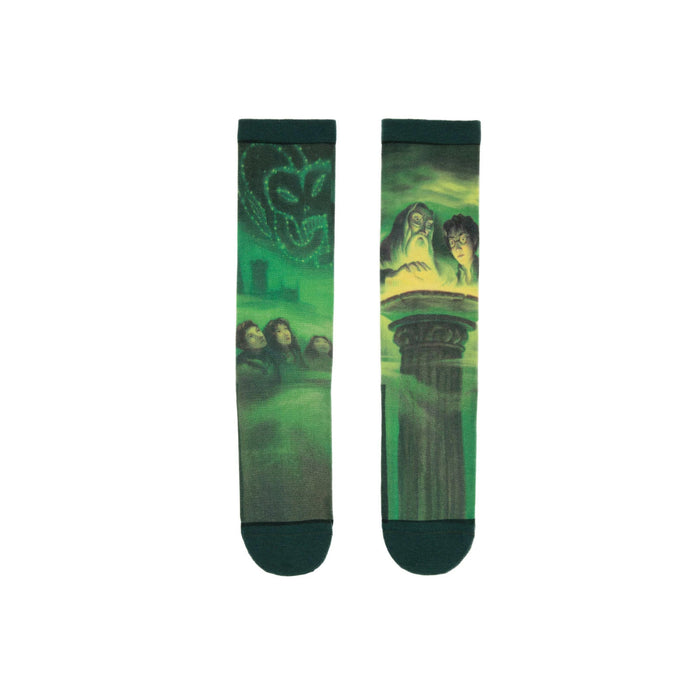 Pair of crew socks in green and yellow, depicting scenes from Harry Potter and the Half-Blood Prince book cover, including Dumbledore, Harry, and the Prince's memory. }}