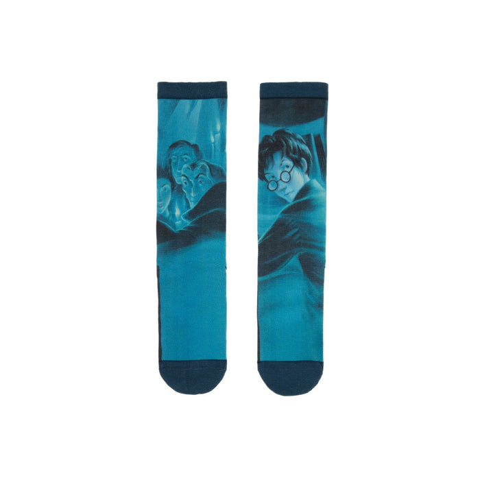 Pair of teal crew socks depicting a scene from Harry Potter and the Order of the Phoenix. Harry is prominently featured, along with other characters, in a shadowy, mystical setting. }}