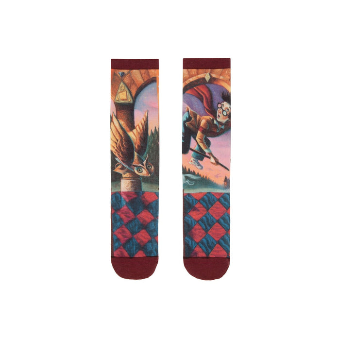 Crew socks showcasing Harry Potter and the Sorcerer's Stone cover art. Features Harry on a broomstick, Hedwig, and a burgundy/blue diamond pattern. }}